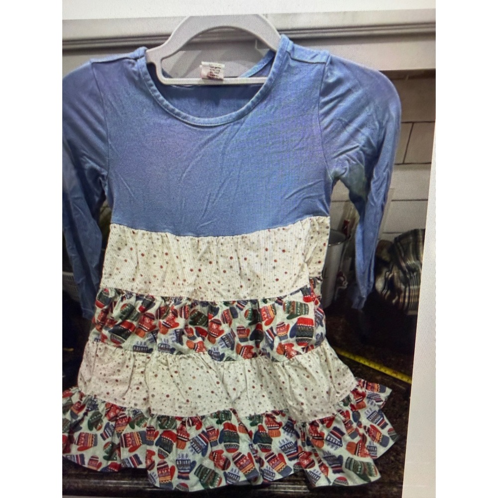 Ricrac & Ruffles Girls Blue Mitten Polka Dot Tiered Ruffle Dress Size 5